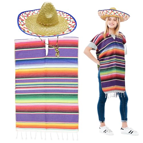 4E's Novelty Mexican Serape Poncho With Sombrero Hat Costume - Cinco De Mayo Mexican Fiesta Party Dress Up Accessories for Adult Men Women