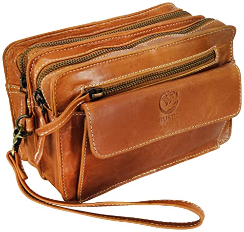 Rustic Town Leather Wristlet Wallet Handbag for Men, Cognac