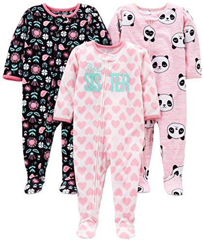 Simple Joys by Carter's Baby Girls' 3-Pack Loose Fit Flame Resistant Fleece Footed Pajamas, Black Floral/Pink Panda/White Hearts, 18 Months