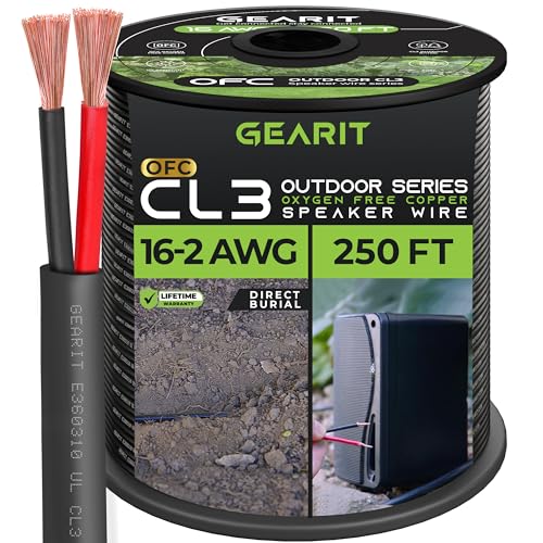 GearIT 16/2 Speaker Wire (250 Feet) 16AWG Gauge - Outdoor Direct Burial in Ground/in Wall / CL3 CL2 Rated / 2 Conductors - OFC Oxygen-Free Copper, Black 250ft