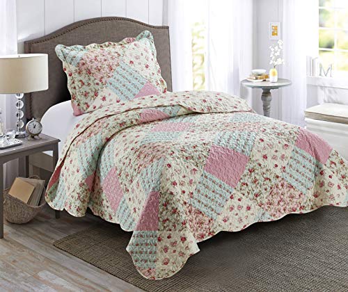 Brilliant Sunshine Pink and Green Rose Patchwork, 2-Piece Quilt Set with 1 Sham, Reversible Bedspread, Soft Lightweight Coverlet, All-Season, Twin, Pink Green
