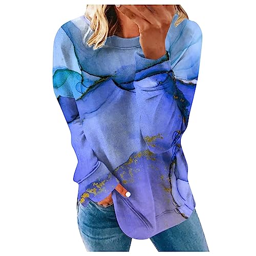 Something For 1 Cent Trendy Print Loose Tops for Women Vintage Round Neck Plus Size T-Shirts Long Sleeve Casual Tops Sweatshirt Hoodies D-blue