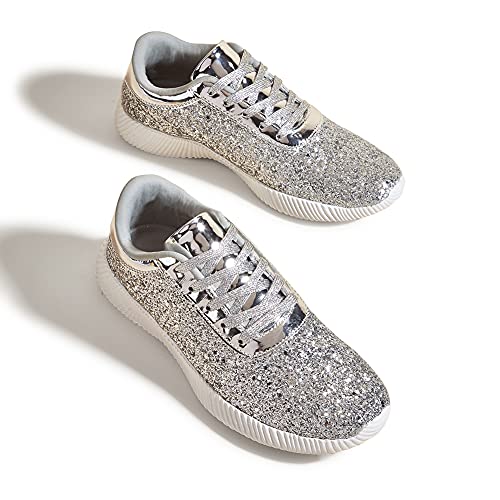 BELOS Women's Glitter Shoes Sparkly Lightweight Metallic Sequins Tennis Shoes(8.5B(M) US, Silver)