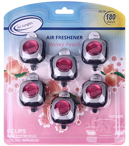 Air Jungles Honey Peach Scent Car Air Freshener Clip, 6 Vent Clips, 4ml Each, Long Lasting, Up to 180 Days Car Refresher Odor Eliminator