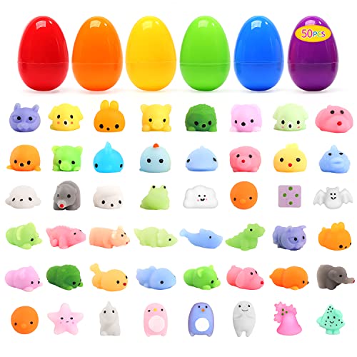 CUTE STONE 50 Pack Easter Egg with Squishy Toys, Easter Basket Stuffers Party Favors for Kids, Squeeze Mini Animals Stress Relief Toys for Boys and Girls
