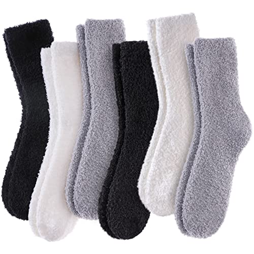 LINEMIN Womens Fuzzy Socks Cozy Fluffy Winter Warm Slipper Socks Microfiber Soft Home Sleeping Socks (6 Pack Soild Color C)