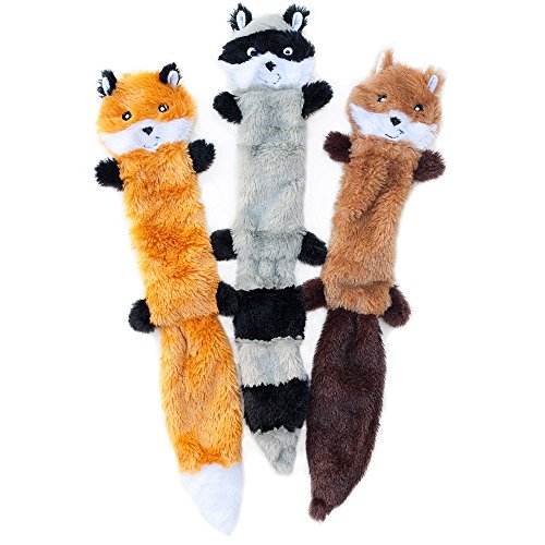 ZippyPaws Skinny Peltz - Fox, Raccoon, & Squirrel - No Stuffing Squeaky Dog Toys, Unstuffed Chew Toy for Small & Medium Breeds, Bulk Multi-Pack of 3 Soft Plush Toys, Flat No Stuffing Puppy Toys - 18'