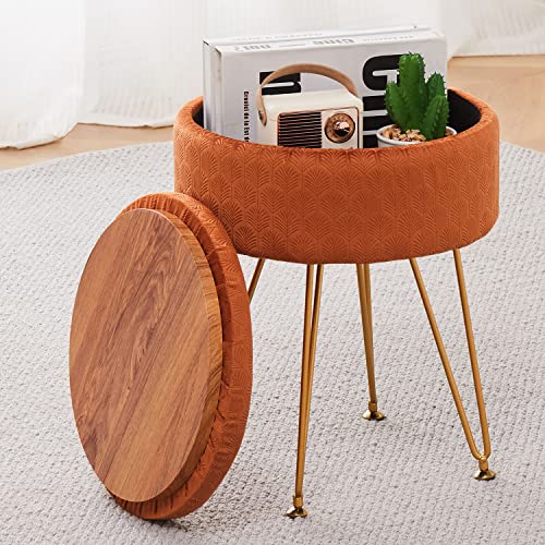 Cpintltr Modern Velvet Foot Rest Stool Upholstered Round Storage Ottomans Multipurpose Dressing Stools Luxury Home Decor Ottoman Coffee Table Top Cover Footstool with Metal Legs Pumpkin Brown