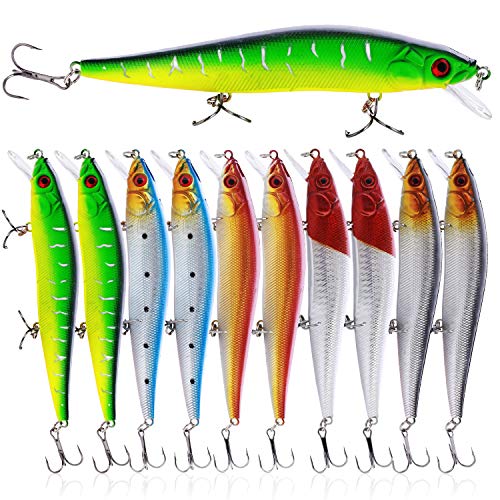 Sougayilang Fishing Lures Hard Bait Minnow Crankbait with Treble Hook Life-Like Swimbait Fishing Bait Deep Diver Lure Sinking Lure for Bass Trout Fishing Pack of 10PCS