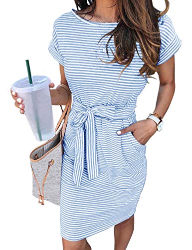 MEROKEETY Women's Summer Striped Short Sleeve T Shirt Dress Casual Tie Waist Midi Dress, Blue, M