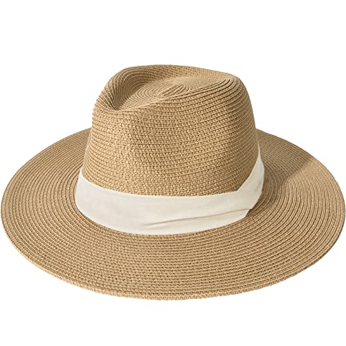 Womens Mens Wide Brim Straw Panama Hat Fedora Summer Beach Sun UPF Hat for Women Khaki-Beige