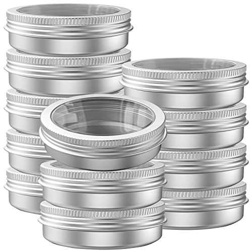 12 Pcs 4 Ounce aluminum Tins Jars Containers Round Clear Top Screw Lids Containers for Cosmetic, Salves, Balms, Lip Balm, Spices or Others, Silver