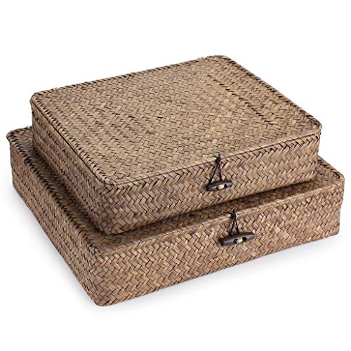 Hipiwe Set of 2 Flat Woven Wicker Storage Bins with Lid Natural Seagrass Basket Multipurpose Home Boxes for Shelf Organizer (Coffee)