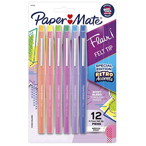 Paper Mate Flair Felt Tip Pens, Medium Point (0.7mm), Assorted, Special Edition Retro Accents, 12 Count