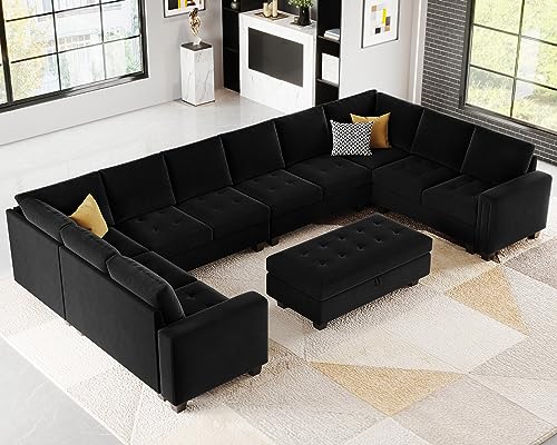 Belffin Oversized Velvet U Shaped Sectional Sofa Set Modular Sectional Sofa Set Convertible Sectional Sofa Couch with Storage Ottoman Corner Modular Sofa Couch Black