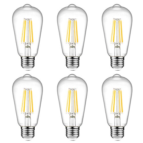 Ascher Vintage LED Edison Bulbs 6W, Equivalent 60W Incandescent, Warm White 2700K, ST58 Antique LED Filament Bulbs with 80+ CRI, E26 Medium Base, Non-Dimmable, Clear Glass, 6-Packs
