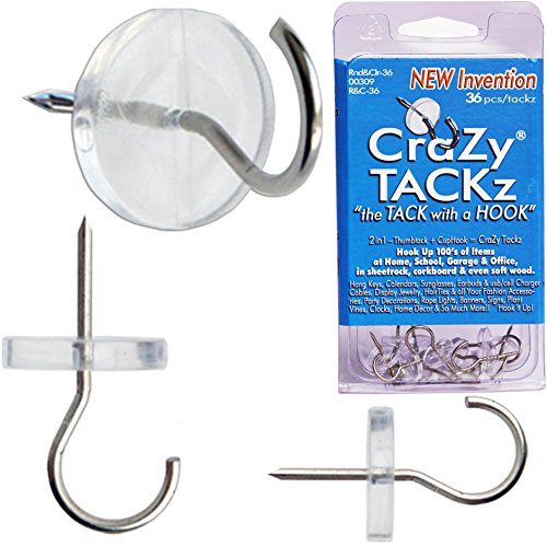 CraZy TACKz 36 Tacks - 2 in 1: Push pin Hook tack - New Invention Hang 100's of Items Interior or Exterior Decor at Home, School, Office, DIY, for Party or Holiday (Clear, 36pc)