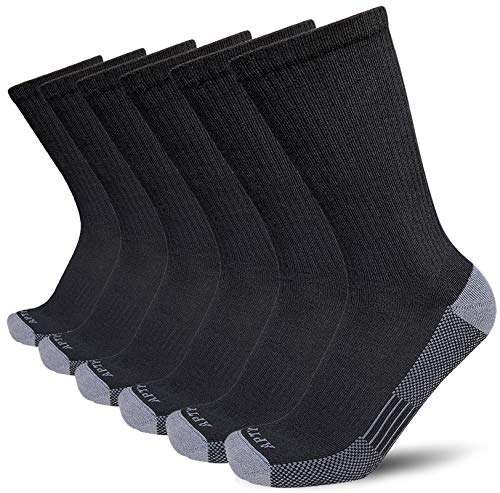 APTYID Men's Moisture Wicking Cushioned Crew Work Boot Socks, Size 9-12, Black, 6 Pairs