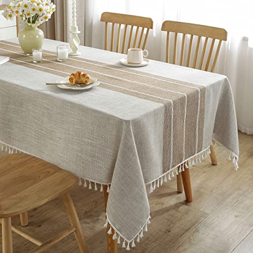 JIALE Tablecloths for Rectangle Tables, Cotton Linen Table Cloth Waterproof Tablecloth Wrinkle Free Farmhouse Dining Table Cover, Soft Fabric Table Cloths with Tassels, Brown, 55' X 70', 4-6 Seats