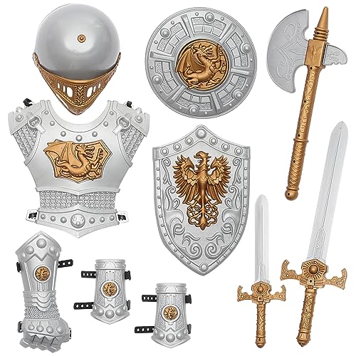 Abaodam 10Pcs Knight Set Medieval Knight Costume with Shield Knight Helmet Playset Royal Knight Dress Up Costume Props for Boys Halloween Cosplay