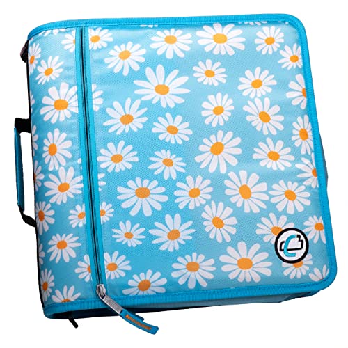 Case-it The Mighty Zip Tab Zipper Binder - 3 Inch O-Rings - 5 Color Tab Expanding File Folder - Multiple Pockets - 600 Sheet Capacity - Comes with Shoulder Strap - Light Blue Daisy D-146-P