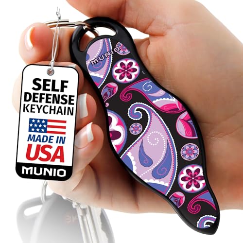 MUNIO Original Self Defense Keychain Kit - Self Protection Personal Safety Essentials, Portable Defense Kubotan, Legal for Airplane Carry - TSA Approved - Made in USA (Pink Paisley)