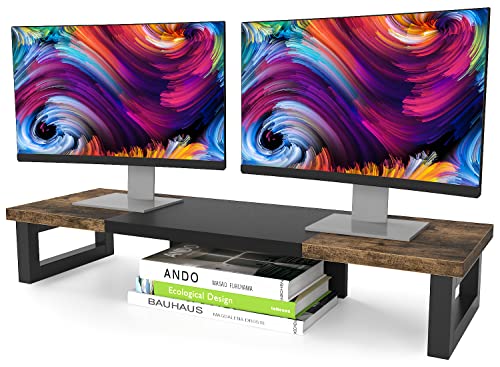 WESTREE Dual Monitor Stand Riser, Wood and Steel Monitor Stand Riser, Computer Monitor Stand for 2 Monitors, Multi-Purpose Desktop Storage Stand for Computer,Laptop,Printer,TV