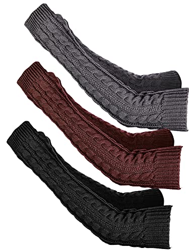 3 Pairs Arm Warmers Long Fingerless Gloves Knit Wrist Warmers with Thumb Hole Arm Socks for Women Girls (Black, Dark Grey, Coffee)