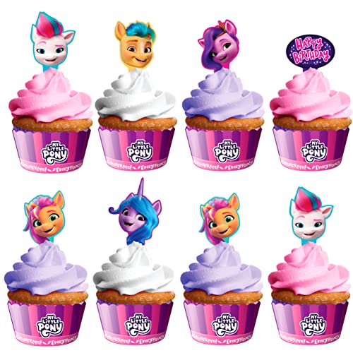 Treasures Gifted Officially Licensed My Little Pony Cupcake Toppers & Wrappers 24ct - My Little Pony Cake Decorations - My Little Pony Cake Toppers - My Little Pony Birthday Party Supplies