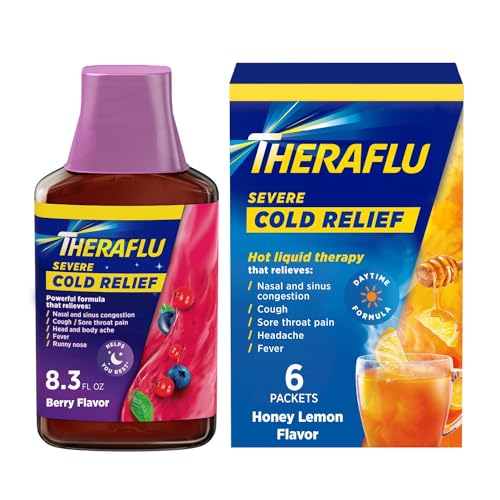 Theraflu Combo Nighttime Severe Cold Relief Syrup, Berry Flavor, 8.3 fl oz and Theraflu Daytime Severe Cold Relief Powder, Honey Lemon Flavor, 6 Ct