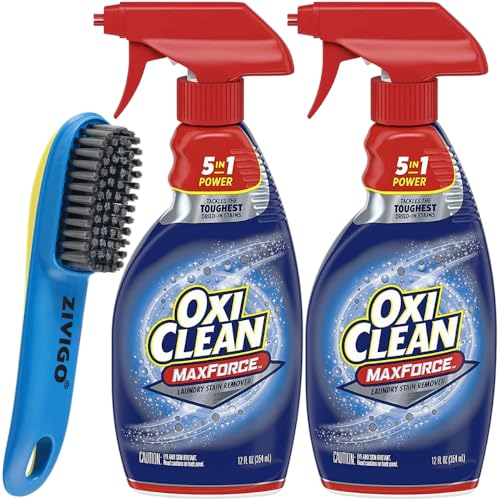 2 Oxi, Clean Max Force Spray, Laundry Stain Remover, 12 Ounce, Bundle with ZIVIGO Laundry Stain Brush for Scrubbing Out Tough Stains,