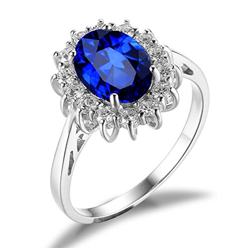 JewelryPalace Princess Diana Kate Middleton Class Gemstone Birthstone Blue Sapphire Halo Statement Engagement Rings for Women, Anniversary 14K Gold Plated 925 Sterling Silver Promise Rings for Her 6