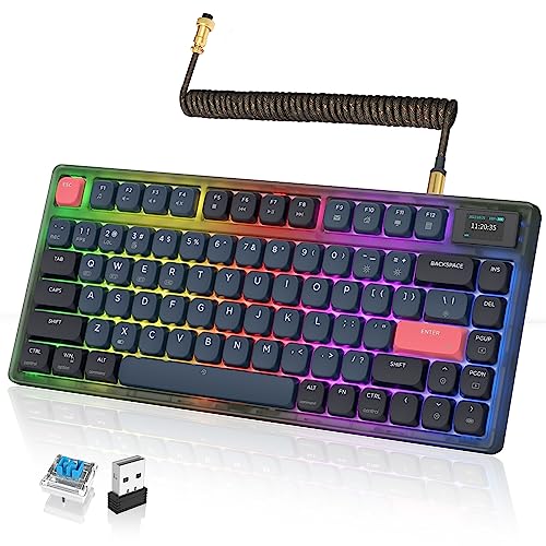 A.JAZZ AK832Pro Wireless Mechanical Gaming Keyboard 75% Low Profile Gasket with 2.4Ghz/Bluetooth 5.0/Wired Coiled Cable Screen Display RGB Backlight NKRO TKL for Win Mac Gamer (Ink Red/Blue Switch)