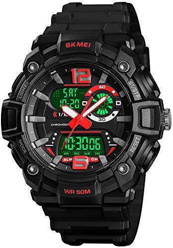 FANMIS Mens Analog Digital Sports Watches Military Multifunction 3 Time Alarm Stopwatch Countdown 12H/24H Time Backlight 164FT 50M Waterproof Watch (D Red)