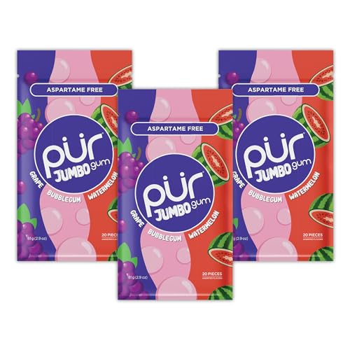 PUR Jumbo Gum | Aspartame Free Chewing Gum | 100% Xylitol | Natural Bubblegum, Grape, Watermelon Flavor, 20 Pieces (Pack of 3)