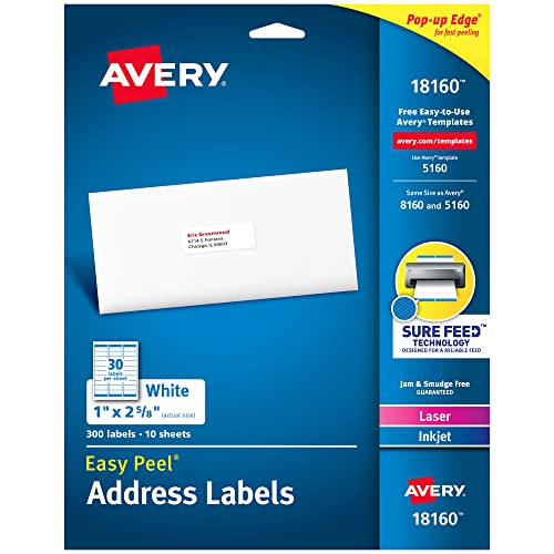 Avery Easy Peel Printable Address Labels with Sure Feed, 1' x 2-5/8', White, 300 Blank Mailing Labels (18160)