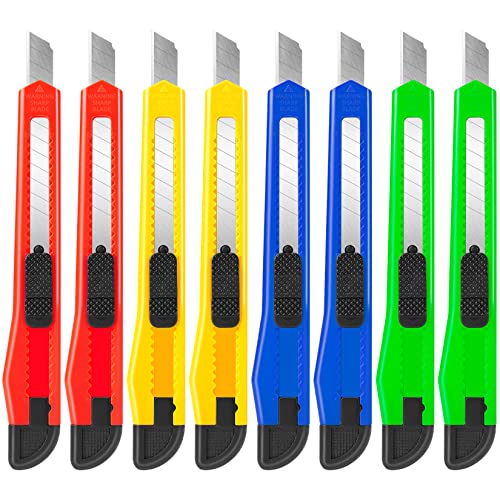 8 Pack Utility Knife Box Cutters (9mm Wide Blade Cutter 4 Colors) Box Cutter Retractable, Compact Utility Knives, Extended Use for Office, Craft, Razor Knife, Paper Knife, Disposable Box Opener
