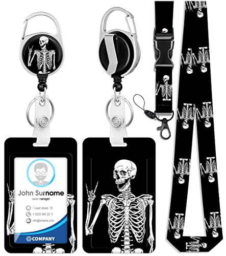 Toykee ID Badge Holder with Lanyard and Retractable Badge Reel Clip, Halloween Funny Horror Skeleton Card Name Tag Lanyard Vertical ID Protector Bage Clips for Nurse Nursing Doctor Teacher Student