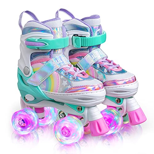 SULIFEEL Rainbow Unicorn 4 Size Adjustable Light up Roller Skates for Girls Boys for Kids Small