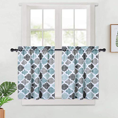 Haperlare Kitchen Curtains for Bathroom, Quatrefoil Print Tier Curtains, 30 Inch Lattice Tile Design Cotton Blend Café Curtain Set, 28' x 30', Aqua/Green/Grey, Set of 2