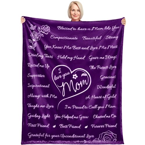 Mother’s Day Gifts for Mom, Mom Gifts, Mom Blanket from Daughter, Gifts for Anniversary Mom Birthday Gifts, I Love You Mom Blanket, Throw Blanket 65' × 50' (Purple)