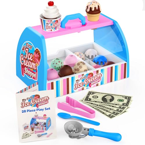 Ice Cream Counter Playset for Kids, Pretend Play (28 pcs) Best Gift for 3 4 5 6 Year Old Girl or Boy, Play Food Scoop and Serve, Toddler Toy
