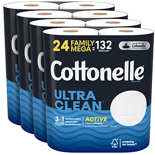 Cottonelle Ultra Clean Toilet Paper with Active CleaningRipples, 1- Ply, 24 Family Mega Rolls (4 Packs of 6) (24 Family Mega Rolls= 132 Regular Rolls), 388 Sheets per Roll, Packaging May Vary