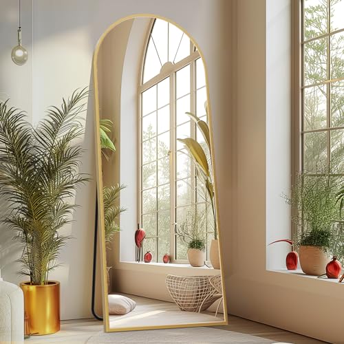 Sweetcrispy Arched Full Length Mirror 64'x21' Full Body Mirror Floor Mirror Standing Hanging or Leaning Wall, Large Arch Wall Mirror with Stand Aluminum Alloy Thin Frame for Bedroom Cloakroom,Gold