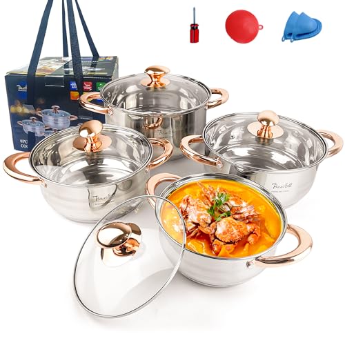 BAERFO Silver Pots and Pans Set with lids-8 Piece Luxe Silver 304 Stainless Steel Cookware Set PFOA Free Non Toxic,Induction Safe Cooking Pot