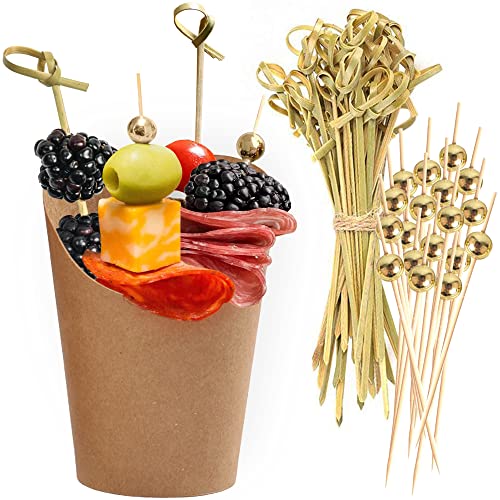 CUSINIUM [50 Cups + 200 Picks] 14 oz Kraft Charcuterie Cups with Cocktail Picks (2 Types) - Disposable Brown Paper Appetizer Cups, Popcorn Boxes
