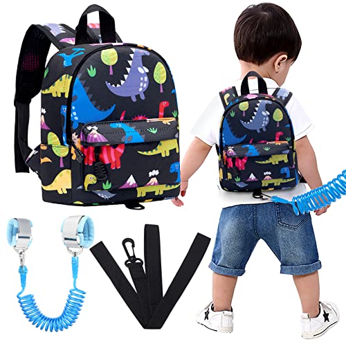 Accmor Toddler Harness Backpack Leash, Baby Dinosaur Backpacks with Anti Lost Wrist Link, Cute Mini Child Backpack Wristband Tether Strap and Protection Leashes for Baby Boys (Black)