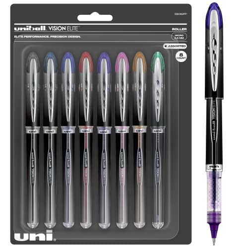 Uniball Vision Elite Rollerball Pens, Assorted Pens Pack of 8, Micro Pens with 0.5mm Ink, Ink Black Pen, Pens Fine Point Smooth Writing Pens, Bulk Pens, and Office Supplies