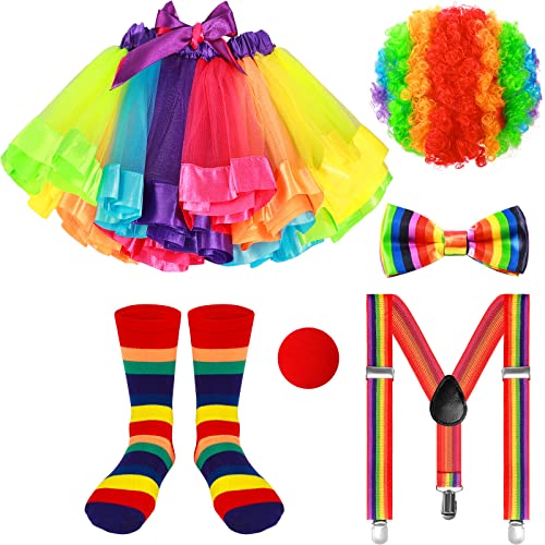 6 Pcs Kids Clown Rainbow Costume Set Include Tutu Skirt Socks Wig Nose Bow Shoulder Strap for Carnival Party(X-Large)