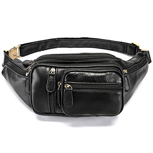 Genuine Leather Large Fanny Pack Waterproof Hip Belt Bag Cowhide Waist Bag Crossbody Sling Backpack Black
